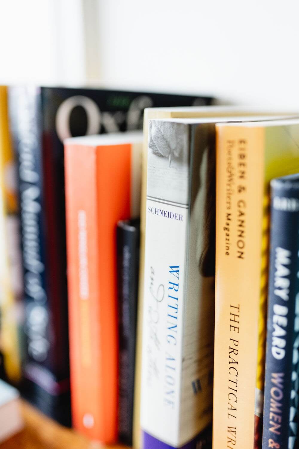 Side view of books on a shelf - titles not really legible.